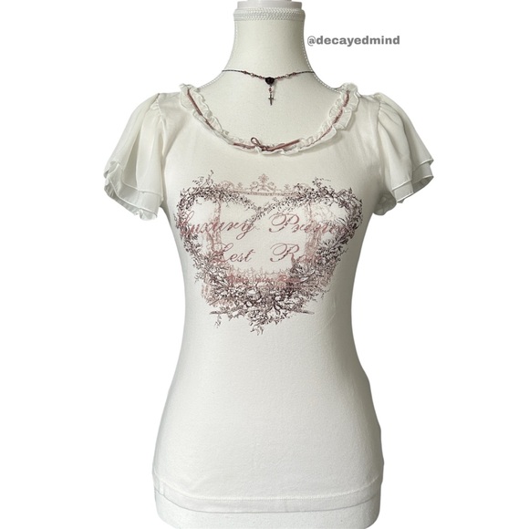 Coquette Japan “L’est Rose” White and Pink Graphic Ruffle Trim Sheer Sleeve Top - Picture 1 of 7